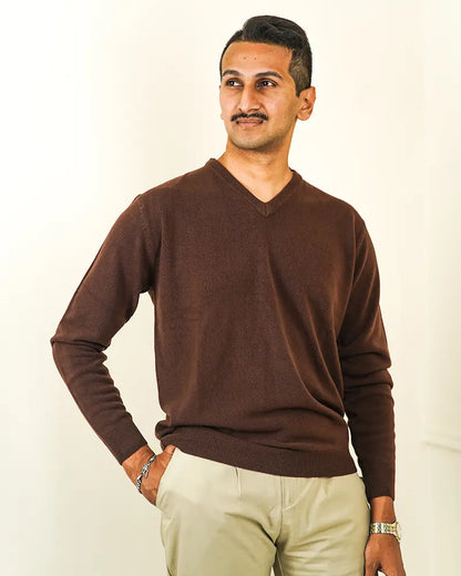 Brown V-Neck Cashmere-like Sweater