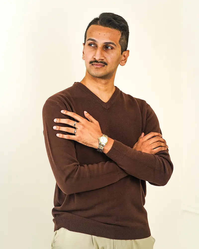 Brown V-Neck Cashmere-like Sweater